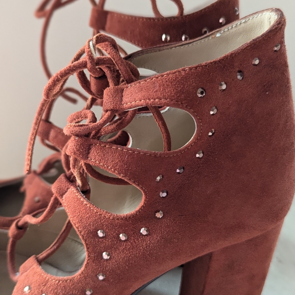 Sapena Spain Lace Up Chunky Ankle Heel Brown Suede Leather Round Yoe Euro 37.5 - Picture 4 of 16